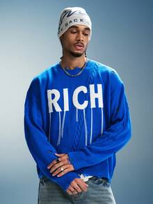 PAVTROS Men's Letter Print Long Sleeve Knit Top Rave Club Fall Streetwear - Blue - View 1