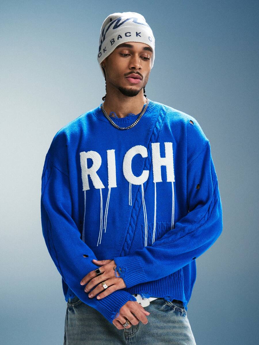 PAVTROS Men's Letter Print Long Sleeve Knit Top Rave Club Fall Streetwear - Blue - View 1