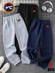 SHEIN 3件組兒童青少年男孩休閒多功能運動長褲，麻灰色運動褲、海軍藍運動褲、黑色運動褲，加厚內裡，適合通勤、上學、日常休閒、戶外運動，秋冬保暖內裡長褲 - 彩色 - 查看 4