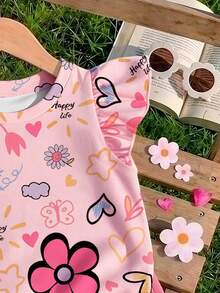 Young Girl 1 Pc Floral Heart Print Ruffle Sleeve Tee, Pink, Summer - Pink - View 4