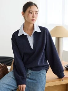Dazy-Less Women's Navy Blue Hooded Drawstring Long Sleeve Loose Solid Color Front Pocket Casual Pullover Sweatshirt, Autumn/Winter - Navy Blue - View 1