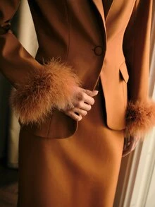 MOTF PREMIUM WOMEN'S ELEGANT BUTTON FAUX FUR PATCHWORK CUFF BLAZER - Khaki - View 8