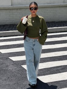 Muchica 女款休閒舒適軍綠色長袖T恤，蝙蝠袖圓領設計（秋冬款） - 軍綠色 - 查看 4
