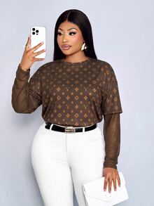 SOLERSUN Plus Size Women Letter Print Contrast Mesh 2 In 1 T-Shirt Fall Vacation Going Out Casual Cargo - Brown - View 6