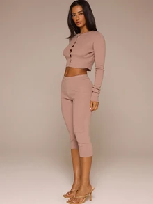 MUSERA Brown Knit Crop Cardigan With Capri Set Autumn Winter Fall Cute Daily Girly Knitwear Everyday - Brown - View 3