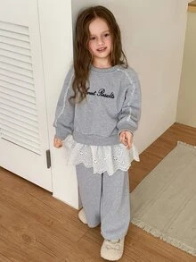 Dazy Kids Young Girl Fashion Lace Patchwork 2 In 1 Sweatshirt And Pants Set - Light Grey - View 6