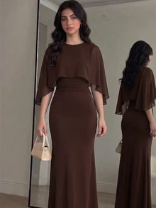 SHEIN Pitira 青少年女孩棕色優雅修身正式禮服，適合婚禮、冬季、秋季、返校季、派對穿著 - 棕色 - 查看 3