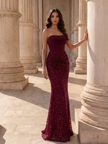 Coutiva High-End Evening Gown With Premium Sequin Strapless Mermaid Tail Elegant Luxury Dress - Burgundy - View 4