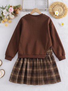 SHEIN 1pc Girls Brown Sweatshirt Patchwork Print 2 In 1 Dress, Casual Daily Dress For Autumn - Multicolor - View 2