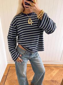 SHEIN EZwear 海外長袖草莓巧克力條紋上衣，秋季上衣，適合日常通勤、聚會、秋冬春夏、聖誕節、新年、感恩節、派對、婚禮、海灘、畢業典禮、優雅、外出、約會、通勤、情人節、優雅、度假、Y2K、畢業典禮及其他場合 - 彩色 - 查看 3