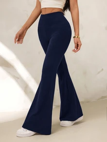 SHEIN PETITE Women's Solid Color High Waist Casual Versatile Daily Flare Pants - Navy Blue - View 5