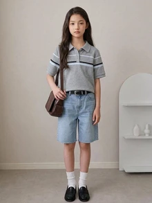 DAZY Basic Collared Striped Colorblock Short Sleeve T-Shirt For Girls (Large) - Grey - View 7