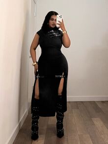 Jeanoix Plus Size Women's Casual Daily Summer Denim Dress With Button And Slit Design - Black - View 3
