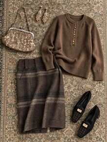 Grovea Plus Size Women's Button Front Henley Collar Knit Sweater, Casual Long Sleeve Raglan Sleeve Pullover Top For Autumn/Winter - Camel - View 1