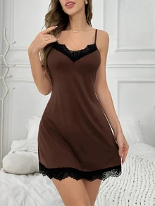 SHEIN 夏季對比色蕾絲細肩帶睡裙睡衣 - 棕色 - 查看 6
