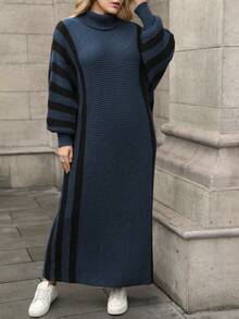 Linhara CURVE Plus Size Women Solid Color Knitted Dress, Striped Cuff High Neck Sweater Dress, Suitable For Christmas, Halloween, Back To School, Office, Vacation - Royal Blue - View 6