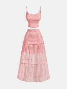 SHEIN MOD 白色荷葉邊抽褶細肩帶上衣搭配層次蕾絲網紗裙套裝，時尚白色兩件式套裝，派對洋裝，萬聖節穿搭 - 粉色 - 查看 4