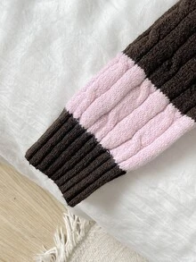Girlism 青少年女孩針織粉色與棕色條紋刺繡圖案V領長袖毛衣 - 粉色 - 查看 6
