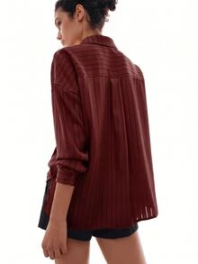 MOTF PREMIUM FRENCH STRIPED DROP SHOULDER LOOSE SHIRT - Burgundy - View 6