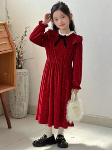 Dazy Kids فستان أحمر طويل الأكمام للبنات مع زينة فيونكة، صوف كوري، فستان أطفال - الأحمر - مشاهدة 5