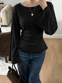 Selianne 女款標準尺寸秋冬收腰抓皺織帶拼接鏤空波浪邊休閒通勤T恤上衣 - 黑色 - 查看 3