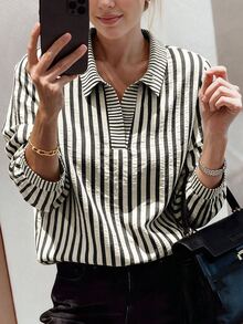 Weeklong Plus Size Women's Striped Colorblock Casual Versatile Daily Wear Shirt - Multicolor - View 3