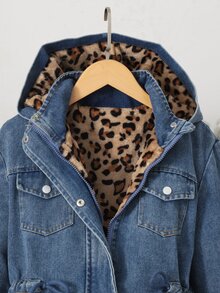 SHEIN 女童休閒連帽牛仔厚外套，豹紋抓絨內裡，抽繩收腰，側斜口袋，彈性袖口，適合上學、購物、散步、旅行、外出，可搭配長袖衫、毛衣、運動褲、長褲 - 藍色 - 查看 5