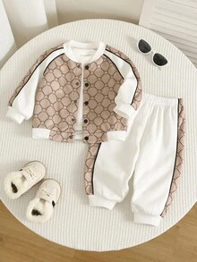 SHEIN 男女嬰幼兒 2件組 秋冬加厚抓絨內裡 時尚可愛拼色插肩袖運動衫套裝 外套套裝 嬰兒冬季套裝 運動服聖誕款 - 白色 - 查看 1