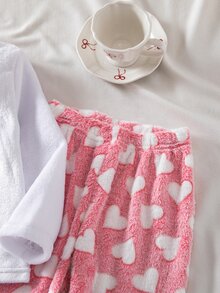 SHEIN 2件組女童絨毛格紋長袖上衣與長褲休閒軟綿睡衣套裝，秋冬款酒紅色抓絨內裡圓領純色口袋舒適可愛禮物 - 淺粉色 - 查看 5