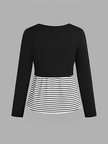 Sweetra Plus Size Women's Casual Commute Minimalist Colorblock Long Sleeve T-Shirt, Autumn Fall - Multicolor - View 2