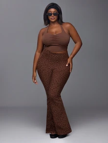Voyena Plus Size Women's Leopard Print Flare Leggings, Slimming Fashionable Sports Base Layer Pants - Khaki - View 6