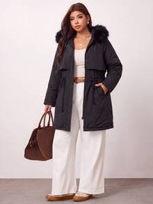 Enliva Plus Size Women's Faux Fur Hooded Water-Resistant Padded Coat Drawstring Waist Mid Length Warm Outerwear Flattering Compatible With Apple Shape Rounded Body - Black - View 6