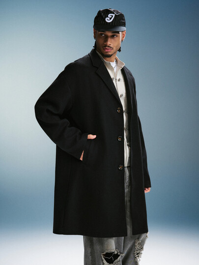 PAVTROS Young Street Style Men's Black Loose Mid-Length Overcoat, Dropped Shoulder Casual Wool Jacket, Oversize Men's Clothing, Halloween Christmas New Year Outfit, Perfect Holiday Gift For Boyfriend