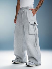 PAVTROS Men's Streetwear Loose Cargo Sweatpants With Pockets - Grey - View 4