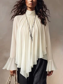SHEIN Women's Solid Color Beige High Neck Ruched Asymmetric Triangle Hem Ruffle Back Tie Elegant Long Sleeve Blouse Chiffon Top Casual Party Commute Go Out - Apricot - View 5
