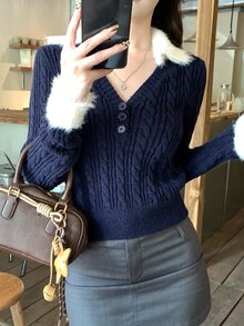 DAZY Women's Colorblock Patchwork Short Casual Pullover Sweater - Navy Blue - View 7
