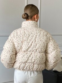 DAZY Women's All-Over Ditsy Floral Puffy Bread Jacket, Loose Short Romantic Casual Everyday Padded Coat Winter - Beige - View 5
