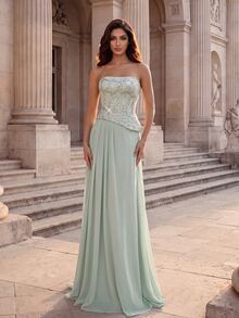 Coutiva Women's Sequin Ruched Elegant Formal Waist-Cinched Strapless Evening Prom Graduation Dress Sage Green Fall New Year Luxury Prom Dresses - Dusty Blue - View 6
