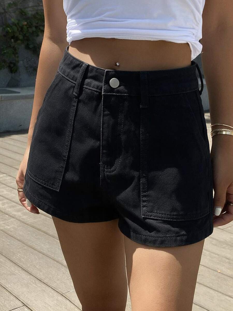 DAZY 女款夏季超短 A 字版休閒街頭性感牛仔短褲 - 黑色 - 查看 1