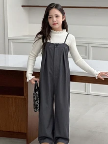 Dazy Kids 青少年女孩細肩帶鈕扣抓皺純色連身褲 - 深灰色 - 查看 6