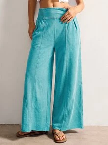 Bohemela Casual Solid Color Knit Loose Wide Leg Washed Women's Long Pants - Mint Blue - View 4