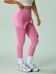 SHEIN Sovereign Charm Women's Solid Color Side Waist Twist Detail Athletic Leggings - Pink - View 5