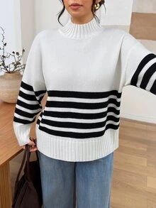 Lounesse Plus Size Women's Stand Collar Colorblock Horizontal Striped Casual Loose Versatile Pullover Sweater Winter - Multicolor - View 4