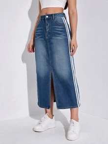 SHEIN تنورة جينز كاجوال للنساء مع جيوب جانبية وحافة مخططة وفتحة - الأزرق - مشاهدة 3