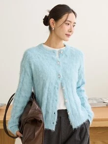 Dazy-Less Women's Blue Round Neck Button Cable Knit Long Sleeve Slim Fit Ribbed Cardigan, Autumn/Winter - Blue - View 6