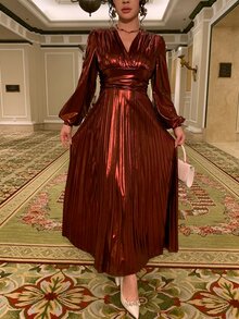 DAZY Women's Metallic Texture V-Neck Long Sleeve Pleated Elegant Dress Fall - Brown - View 3