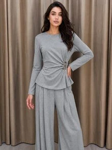 Modelyn Women's Minimalist Round Neck Metal Buckle Ruched Decor Top With Drapey Wide Leg Pants, Commute, Casual Shopping Outfit, Autumn/Winter 2 Pieces Set - Grey - View 4