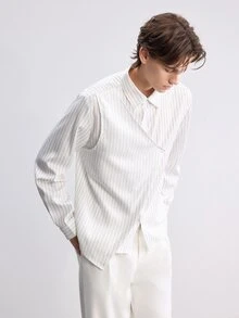 RONVEXI Men's Minimalist Striped Button-Up Shirt With Asymmetrical Hem - White - View 4