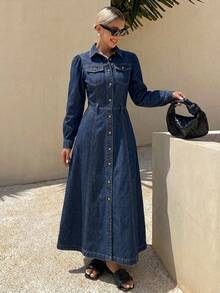 DAZY Đầm sơ mi denim nữ tay phồng dài, cài nút đơn, có túi - Màu xanh lam - Xem 1