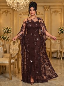 Roveilla Plus Size Woven Asymmetrical Shoulder Deep Brown Sequin Asymmetrical Ruched Casual Loose Party Dress For Commute And Multiple Occasions - Brown - View 3